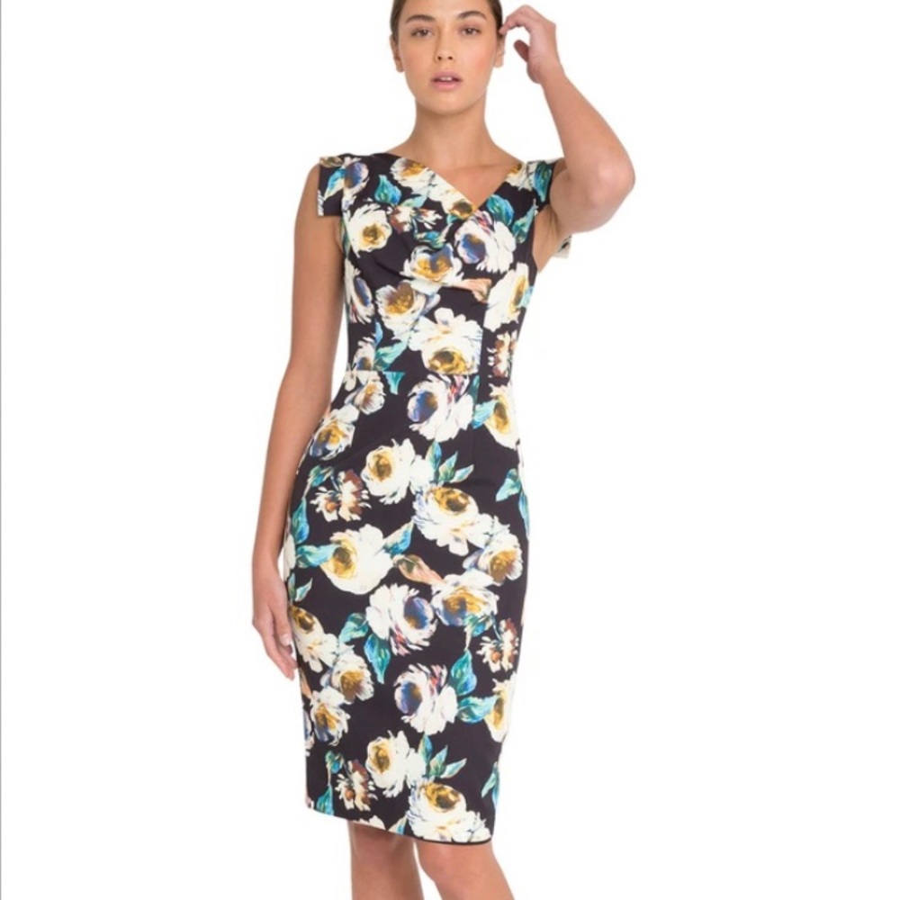 Black Halo Vibrant Floral Midi Dress - Black, White, Yellow, Blue
